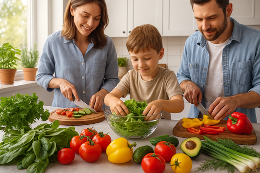 People preparing fresh vegetables together in a bright kitchen with natural light and green plants nearby.
